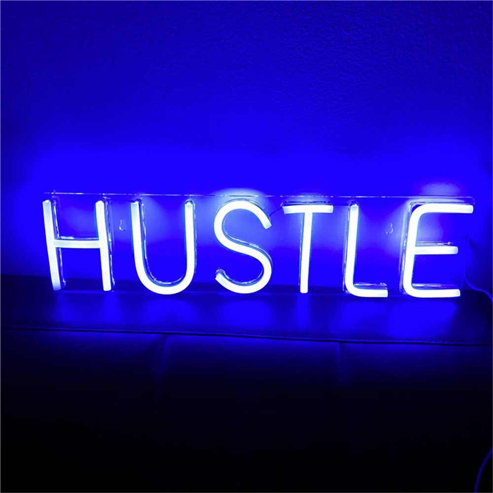 Blue HUSTLE Neon Signs Novelty Light Large Neon Wall Signs for Home Studio Game Room Decor Girls Pub Cocktail Light Sign