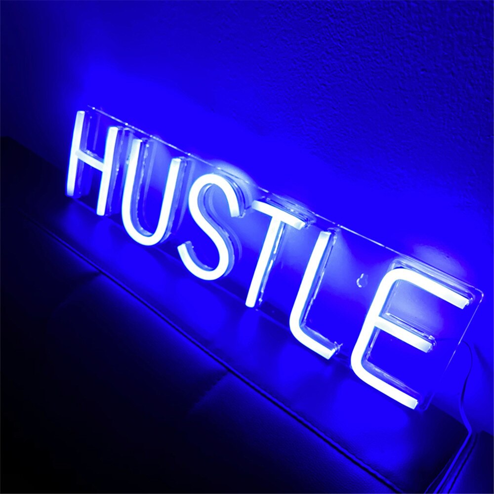 Blue HUSTLE Neon Signs Novelty Light Large Neon Wall Signs for Home Studio Game Room Decor Girls Pub Cocktail Light Sign