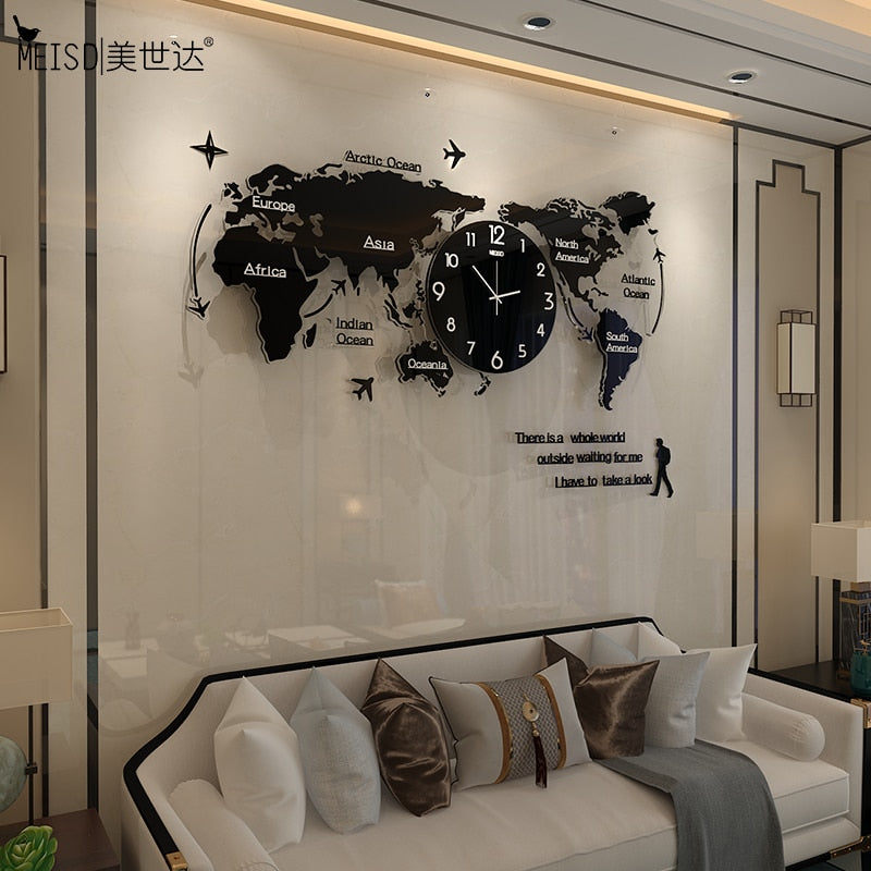 MEISD Larger World Map Wood Creative Clock Modern Design DIY Mirror Sticker Hanging watch Quartz Mute Living Room Free Shipping