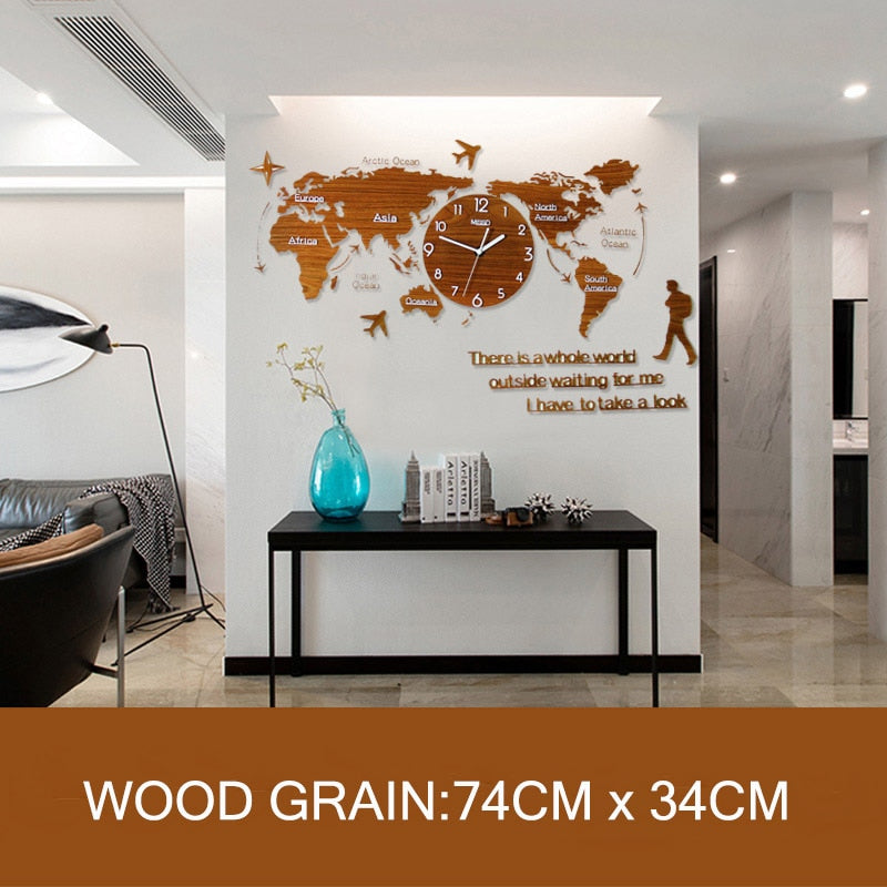 MEISD Larger World Map Wood Creative Clock Modern Design DIY Mirror Sticker Hanging watch Quartz Mute Living Room Free Shipping