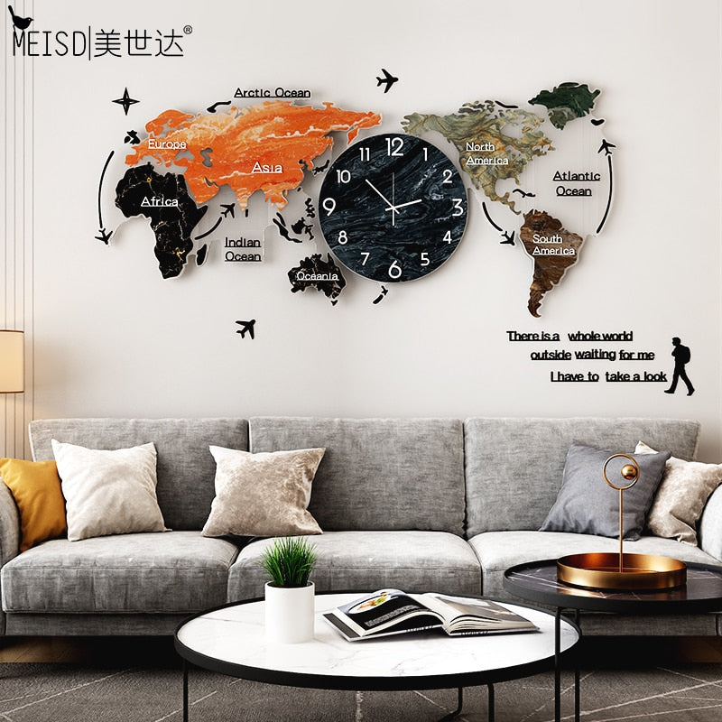 MEISD Larger World Map Wood Creative Clock Modern Design DIY Mirror Sticker Hanging watch Quartz Mute Living Room Free Shipping