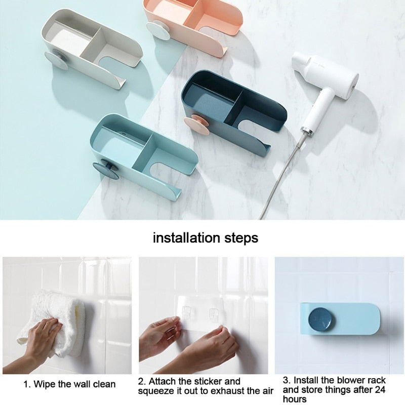 Wall Mount Hair Blow Dryer Holder Shelf Self Adhesive Makeup Storage Box Rack